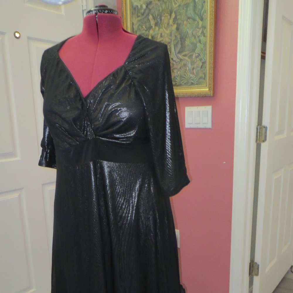 midi IGIGI black stretch shine flower border DRESS v neck empire 18 20 1x sexy